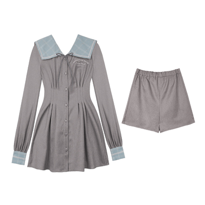 SagiDolls少女斗志巨显瘦!甜美灰蓝水手领掐腰连衣裙短裤套装气质