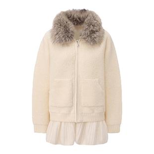 LACERTA 2025秋冬新款圈圈肌理可拆卸毛领羊毛外套女白色休闲外套