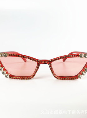 欧美猫眼太阳镜潮个性女墨镜水钻防紫外线女网红同款闪钻眼镜小框
