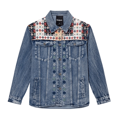 Desigual【明星同款】复古风拼接刺绣设计翻领牛仔外套