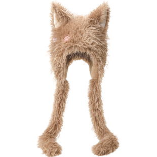 畹町饼干熊毛绒护耳帽子女秋冬新款围脖加绒围巾手套保暖三件套装