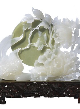 天然玉石花好月圆摆件雕刻工艺礼品中式家居客厅玄关酒柜装饰摆设