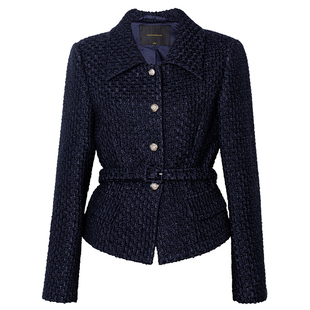 罗衣知性通勤粗花呢短外套女春小香风深蓝色小个子修身西装13086