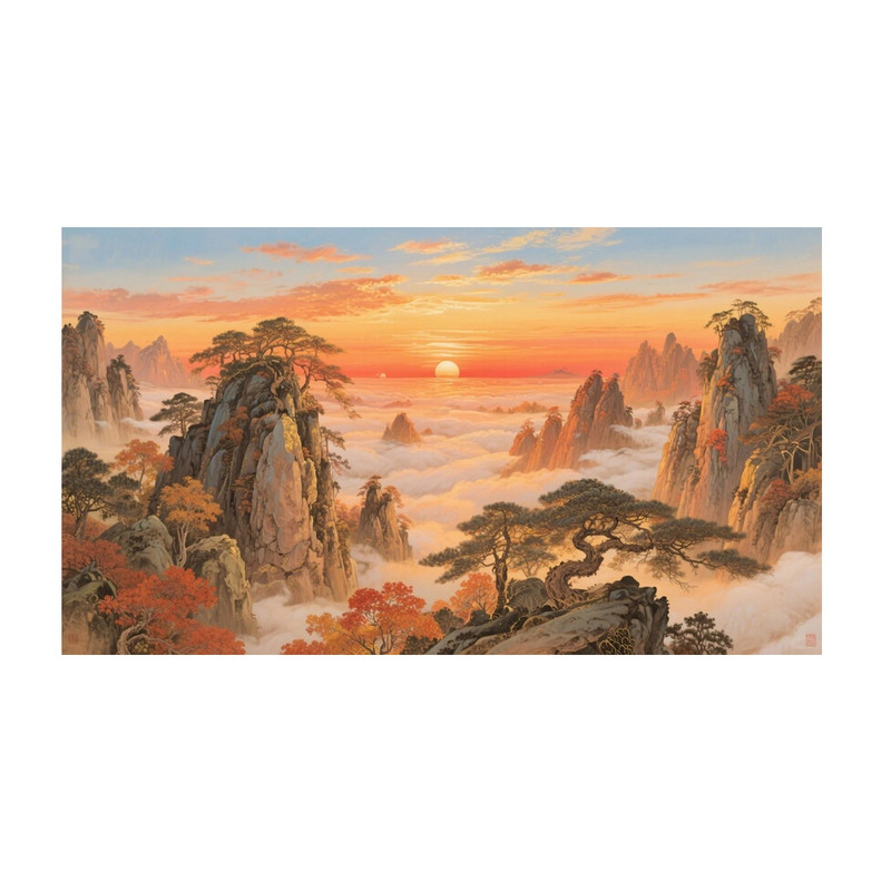 黄山旭日东升图山水风景画墙贴客厅装饰画迎客松简约现代防水贴纸