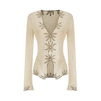 UNSPOKEN复古刺绣V领修身针织衫女款2025秋季新款设计感显瘦上衣