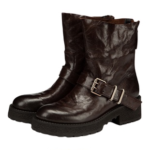 Hongkee/红科2025新款短靴粗跟复古皮带扣皮靴机车骑士靴H275D406