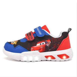 春秋男童闪灯鞋儿童卡通麦昆汽车运动鞋布面透气发光休闲鞋蜘蛛侠