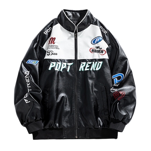 悟空有货美式复古刺绣字母拼接立领夹克男女潮牌宽松百搭机车外套