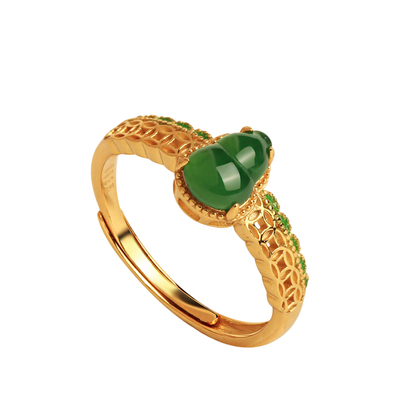 小银匠天然翡翠满绿葫芦纯银戒指