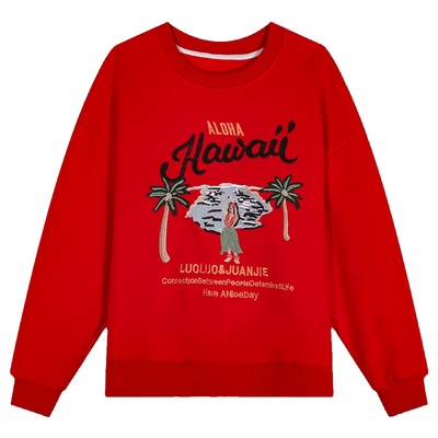 落落狷介红色宽松加绒卫衣女