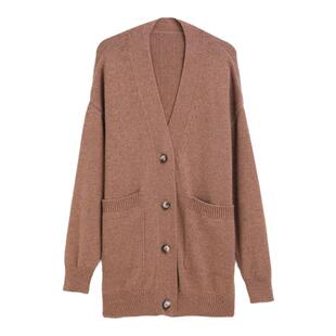 蒲PUKKA 秋冬毛衣女宽松单排扣驼色羊毛中长款针织开衫外套