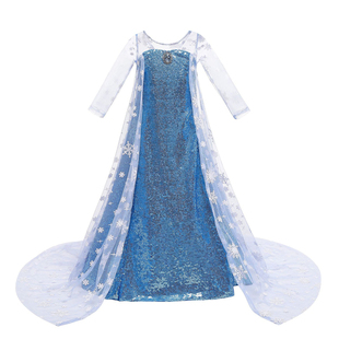 夏女童动画片cosplay表演服装艾莎公主裙长款披风拖地亮片裙子