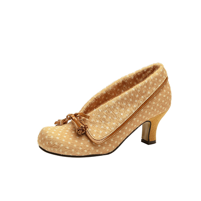 法式绝美圆头高跟鞋女粗跟流苏马毛毛玛丽珍鞋波点单鞋设计感小众