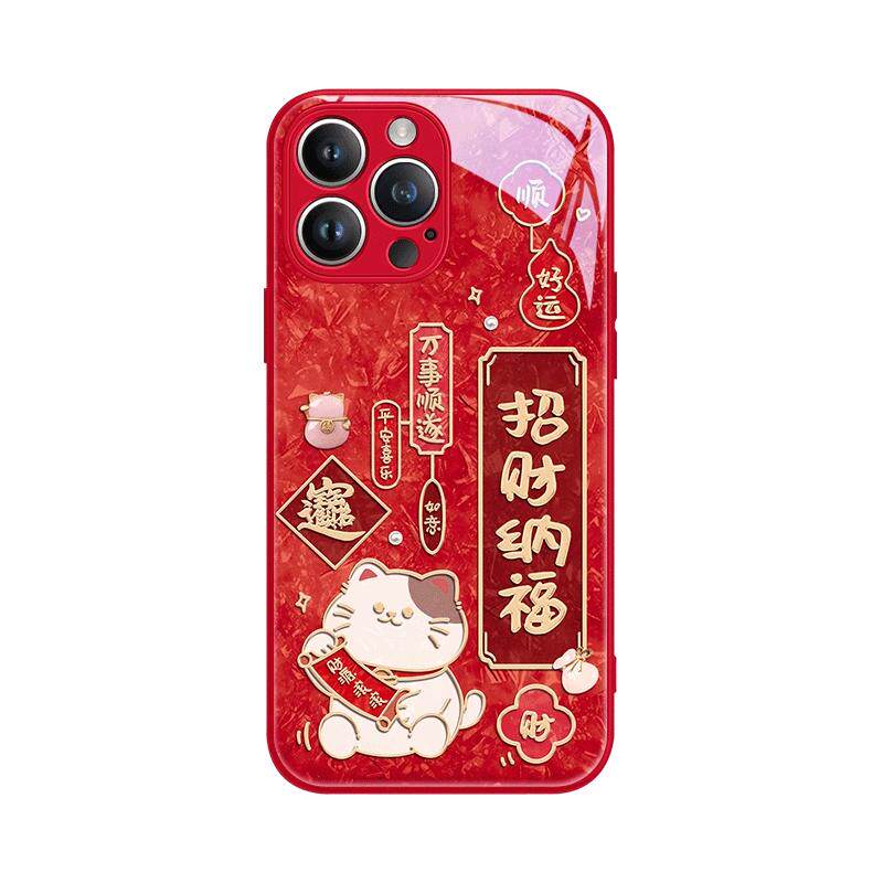 苹果16手机壳17招财猫iphone15promax2025蛇年14plus新年款13por红色12mini玻璃ip11
