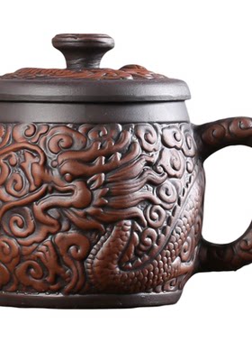 宜兴紫砂杯单个主人杯陶瓷家用办公男士泡茶杯大容量茶杯汉龙盖杯