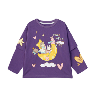 小O宝童装宝宝假两件长袖t恤女2026春装新款女童图案趣味洋气上衣