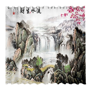新中式水墨山水画窗帘布遮光2025新款国风客厅房间遮阳隔断帘纱帘
