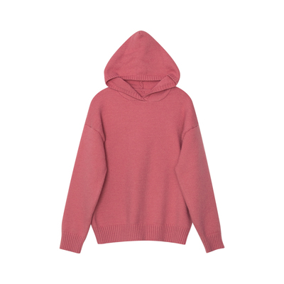 甜美树莓粉色连帽针织毛衣女