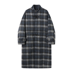 白口阳【格兰学长】BLUE VALENTINE蓝灰格子毛呢大衣外套冬长款