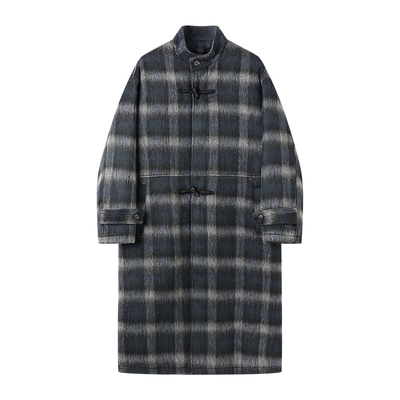 白口阳【格兰学长】BLUE VALENTINE蓝灰格子毛呢大衣外套冬长款