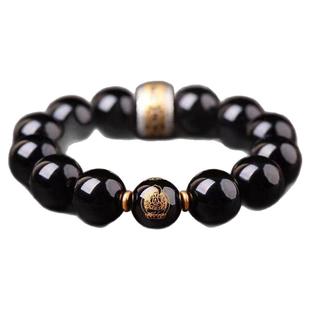 深圳弘法寺天然黑曜石手串十二生肖本命佛纯银本命年守护手链佛珠