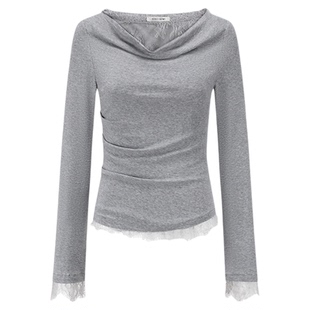 SHRO ENRO春季新款法式修身假两件设计蕾丝荡领松弛感打底衫上衣