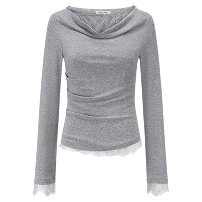 SHROENRO假两件蕾丝荡领打底衫