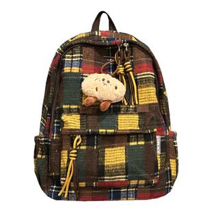 秋冬毛绒小众书包女 日系ins风复古格子毛呢双肩包大学生背包轻便