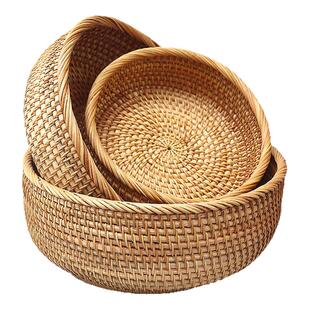 藤水果篮收纳筐竹编篮子馒头筐客厅家用果篮圆形简约托盘编织果盘
