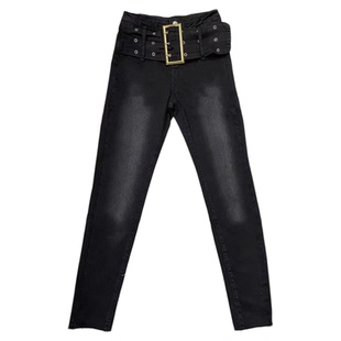 李李服饰高腰宽腰带加绒小脚裤女2025冬季新款修身显瘦牛仔长裤