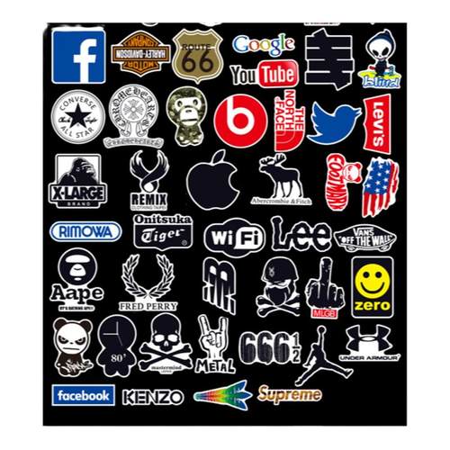 100张欧美潮牌logo行李箱防水个性贴纸笔记本电脑装饰贴画品牌旅行箱吉他滑板拉杆箱手机壳水杯头盔装饰贴画