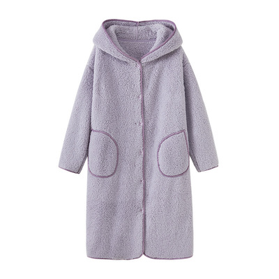 冬季长袖连帽保暖过膝珊瑚绒睡袍