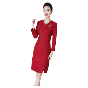 酒红色礼服连衣裙女长袖2026春秋新款改良毛呢旗袍喜婆婆婚宴装裙