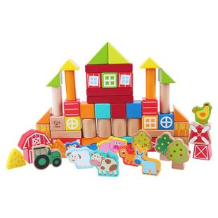 Hape农场小镇情景积木1-6岁益智力动脑玩具婴幼儿童宝宝木制动物