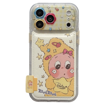 jze 黄格纹趣味卡通星星人标签适用苹果17ProMax手机壳iphone15新款16pro女13毛球腕带15pro皮质14防摔保护套