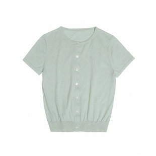 【清仓】UNRETRO桑蚕丝羊毛混纺针织短袖T恤女显瘦短款开衫上衣