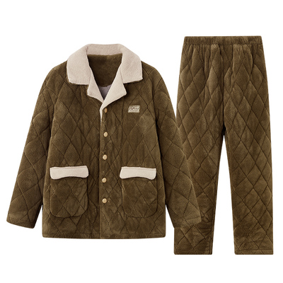 睡衣男士秋冬季加厚加绒珊瑚绒三层夹棉袄冬款冬天超厚男生家居服