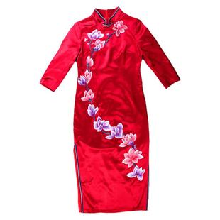 （捡漏M-3XL）素罗Y2025秋季桑蚕丝重工刺绣中袖挂里旗袍酒红尾货