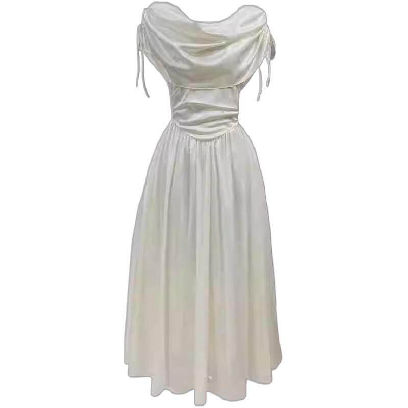 油画女孩白月光复古礼服裙法式宫廷设计感荡领连衣裙高级感小白裙