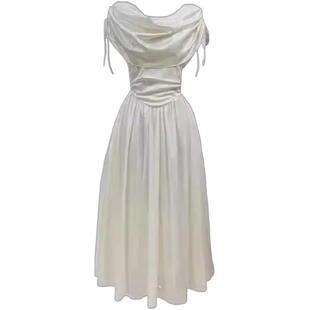 油画女孩白月光复古礼服裙法式宫廷设计感荡领连衣裙高级感小白裙