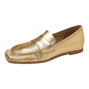 2.5cm英伦风内增高银色乐福鞋女2026春夏新款百搭金色褶皱小皮鞋