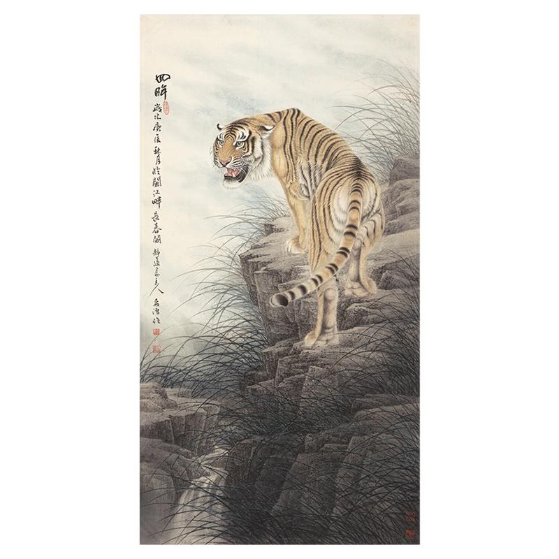 董希源 老虎回眸书画上山虎国画真迹高清微喷仿古酒店玄关装饰画