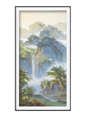 新中式山水风景纯手绘油画高山流水客厅装饰画招财聚宝盆玄关挂画