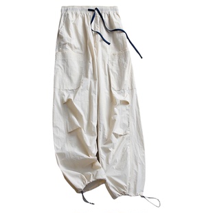 纯色侧边口袋工装裤薄款速干透气松紧腰宽松束脚裤女裤休闲裤Z455