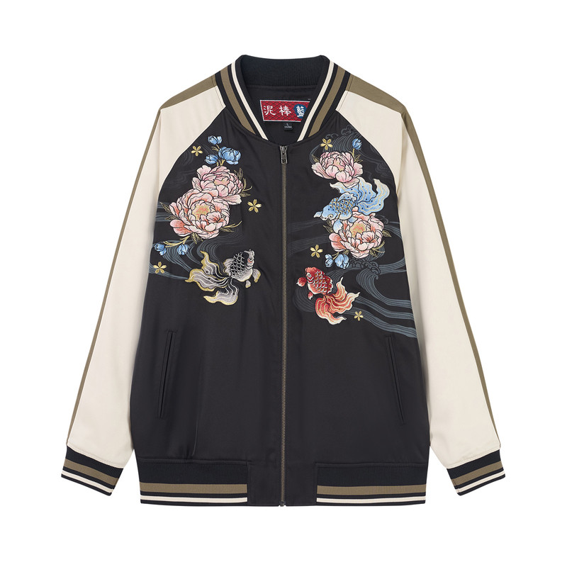 ONIARAI/鬼洗26秋新泥棒蓝牡丹金鱼绣花烫钻横须贺夹克男 N340260