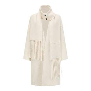 【deepmoss】休闲女装毛呢流苏可拆卸围巾长款羊毛大衣外套上衣