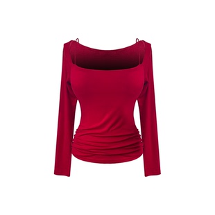 Bbabe【傍晚云霞】辣妹露肩带胸垫修身长袖T恤绝美内搭打底上衣