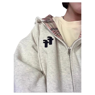 加绒加厚连帽撞色格纹卫衣女秋冬oversize宽松慵懒风开衫外套上衣