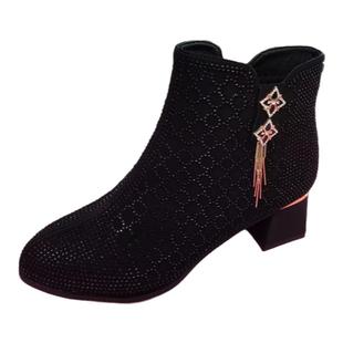 粗跟短靴女新款带钻马丁靴新款中跟法式小短靴洋气舒适加绒女士鞋