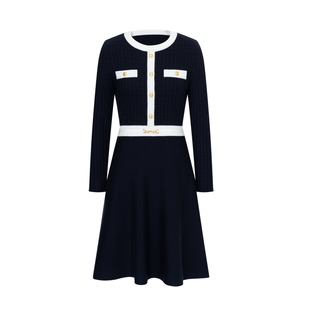 【含羊毛】Scofield女装典雅复古小香风撞色针织连衣裙提花春秋